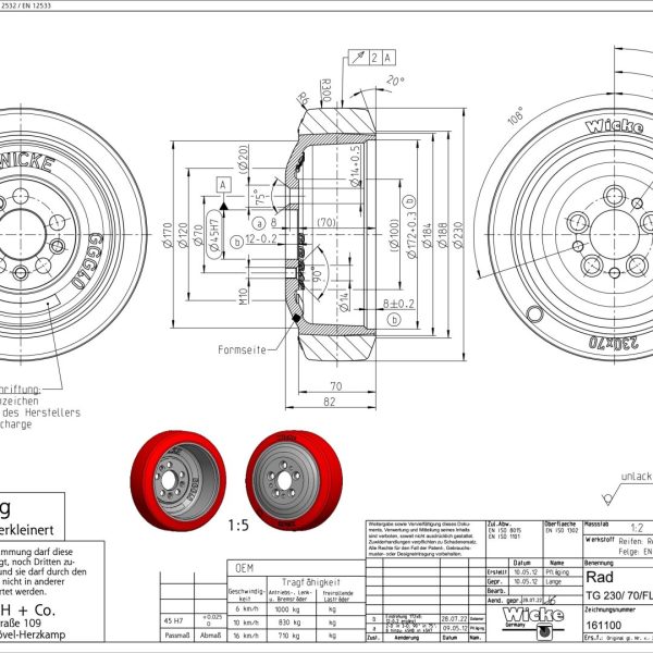 161100 Wicke MHE Drive Wheel TG 230/ 70-184/FL-S AS:5/ 70/45H7 D:14 3xM10